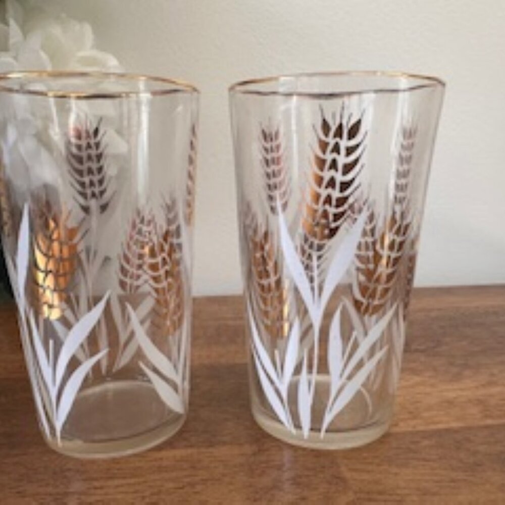 Vintage Libbey Informal Golden Wheat Glasses Mid-Century Gold Rim Tumblers‎